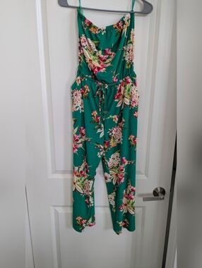 Express Teal Floral Spaghetti-Strap Jumpsuit